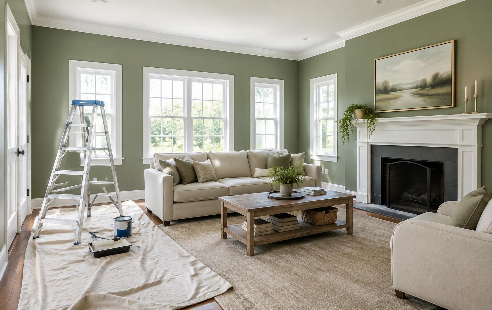 Freshly painted living room with green walls and white trim
